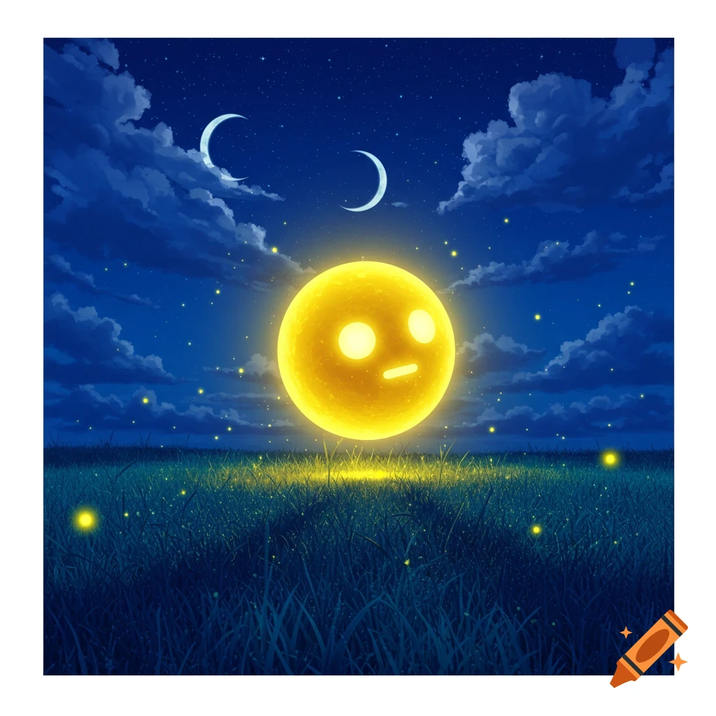 A glowing yellow orb with a simple face floats above a grassy field at night, under a sky with crescent moons and stars.