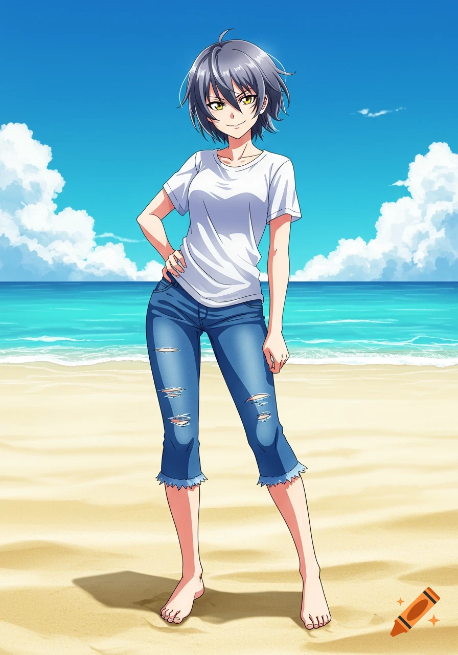 An anime tomboy character with short dark silver hair and yellow eyes, wearing a white t-shirt and torn blue jeans, stands barefoot on a sandy beach.