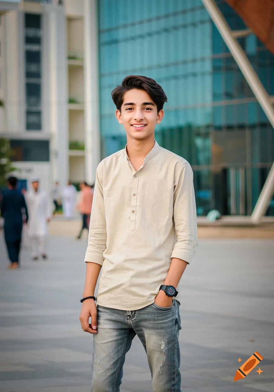 A smiling Pakistani teenage boy in a light-colored shirt and jeans stands on a paved area with modern buildings in the blurred background.