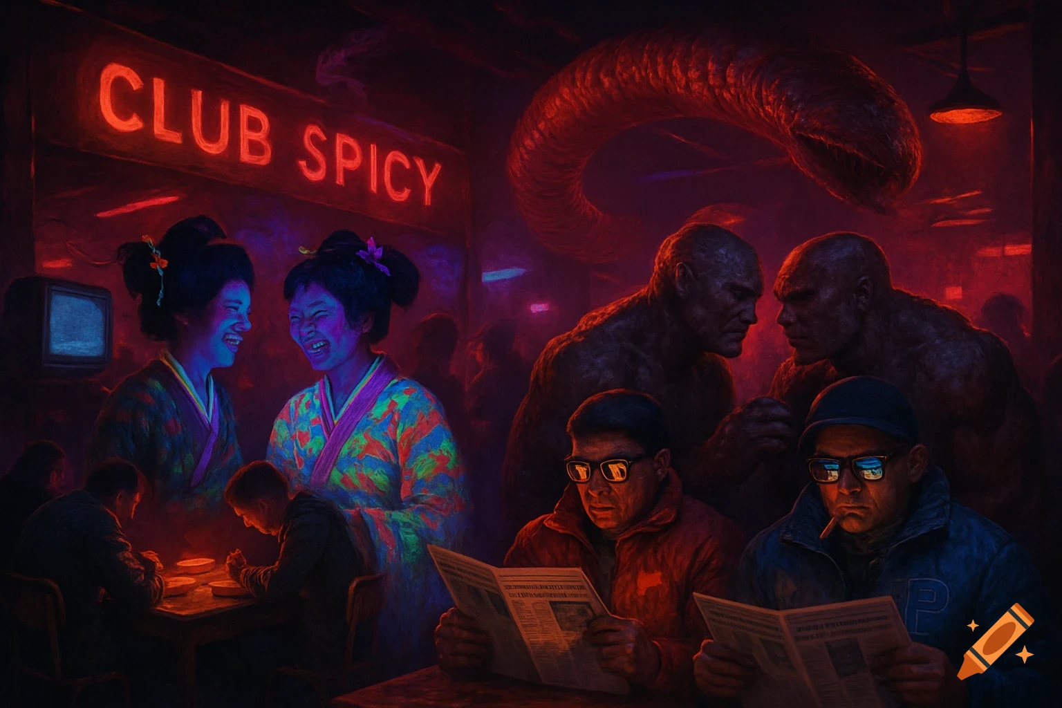 Dark, grimy NYC club scene with a neon 'CLUB SPICY' sign, featuring glowing geishas, monstrous figures, men reading newspapers, and a sand worm.