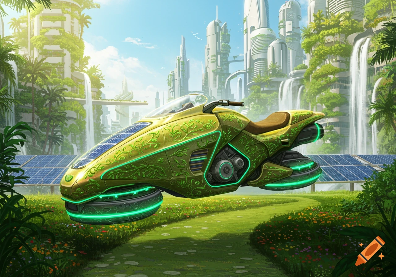 A vibrant solarpunk hover motorcycle with solar panels and glowing green accents floats above a path in a lush, futuristic city with waterfalls and green buildings.