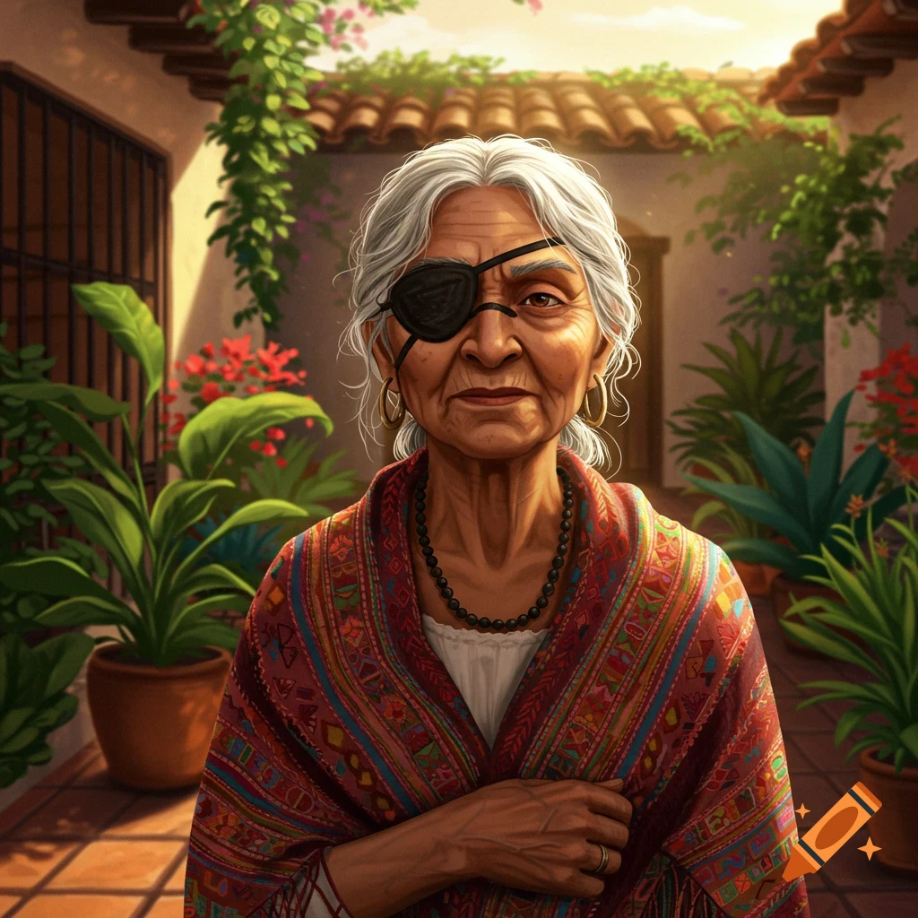 An elderly Hispanic woman with an eye patch and white hair, wearing a colorful shawl in a sunny courtyard.