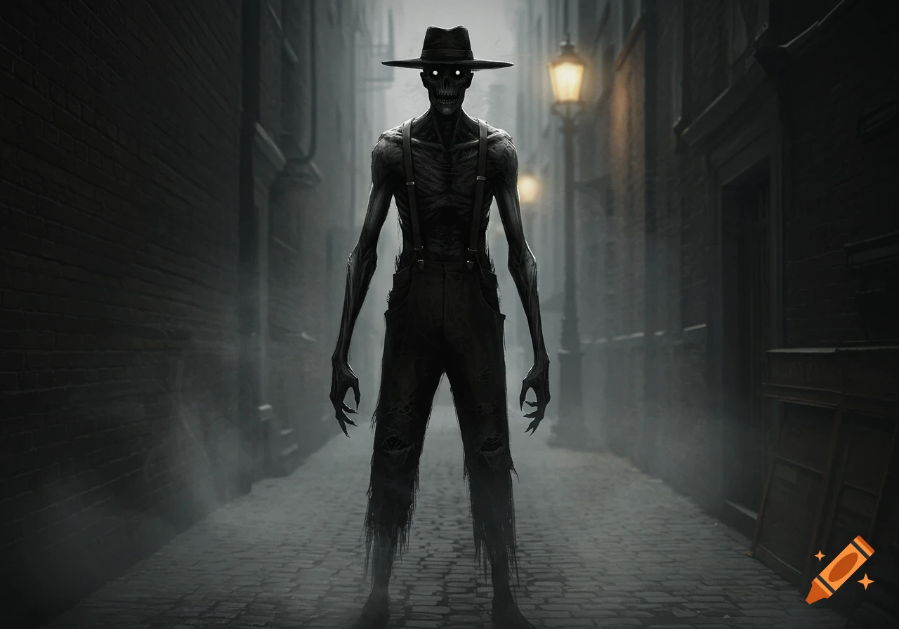 A tall, shadowy figure with glowing eyes and a hat stands in a dark, foggy alley, lit by a distant lamppost.