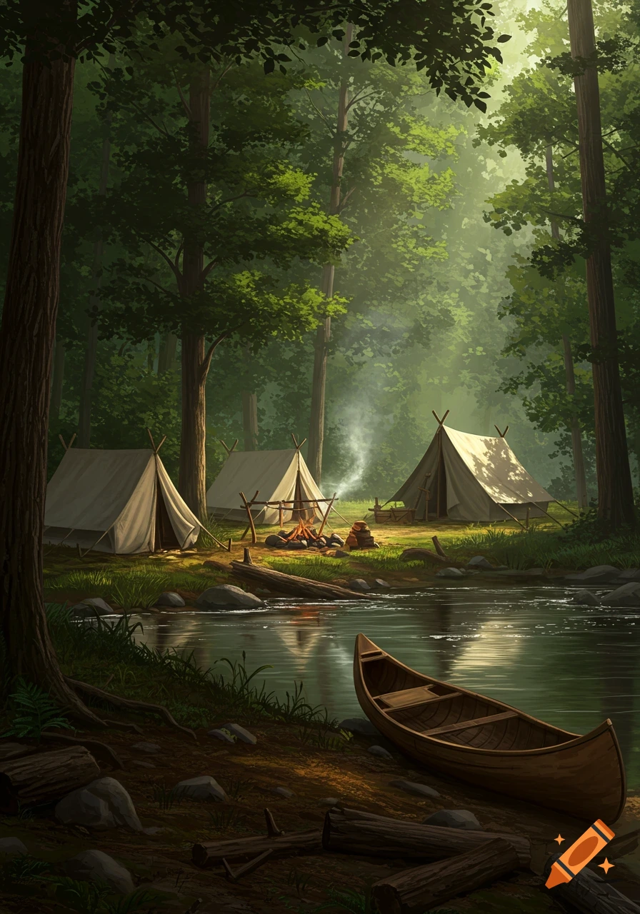 A lush forest scene with a river, three canvas tents, a campfire, and a wooden canoe on the bank, depicted in a detailed, painterly style.