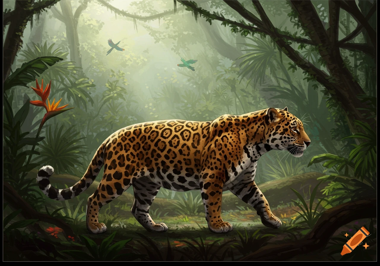 A sleek jaguar with spotted fur walks through a lush, sunlit rainforest with two birds flying overhead.