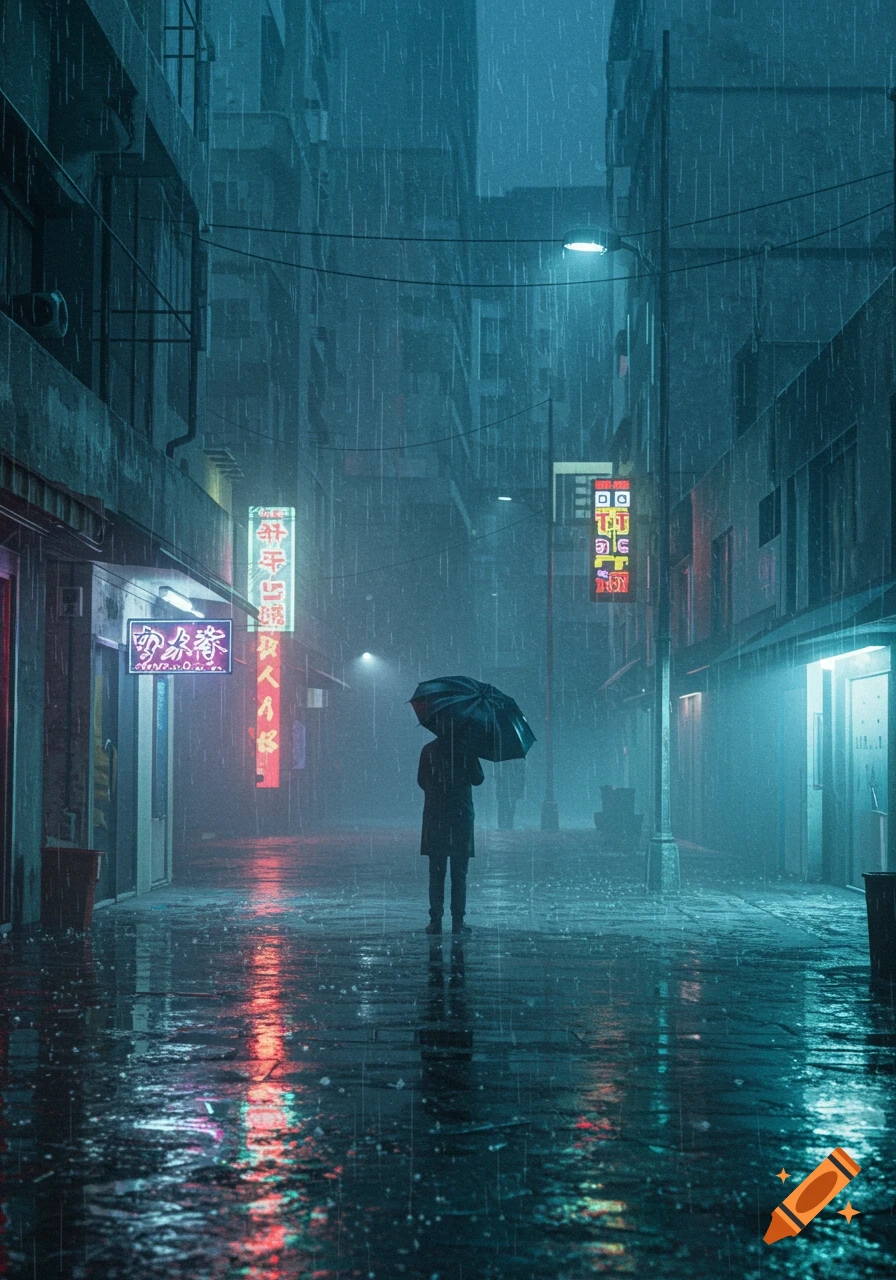 A person stands alone with an umbrella in a dark, rainy city alley with glowing neon signs.