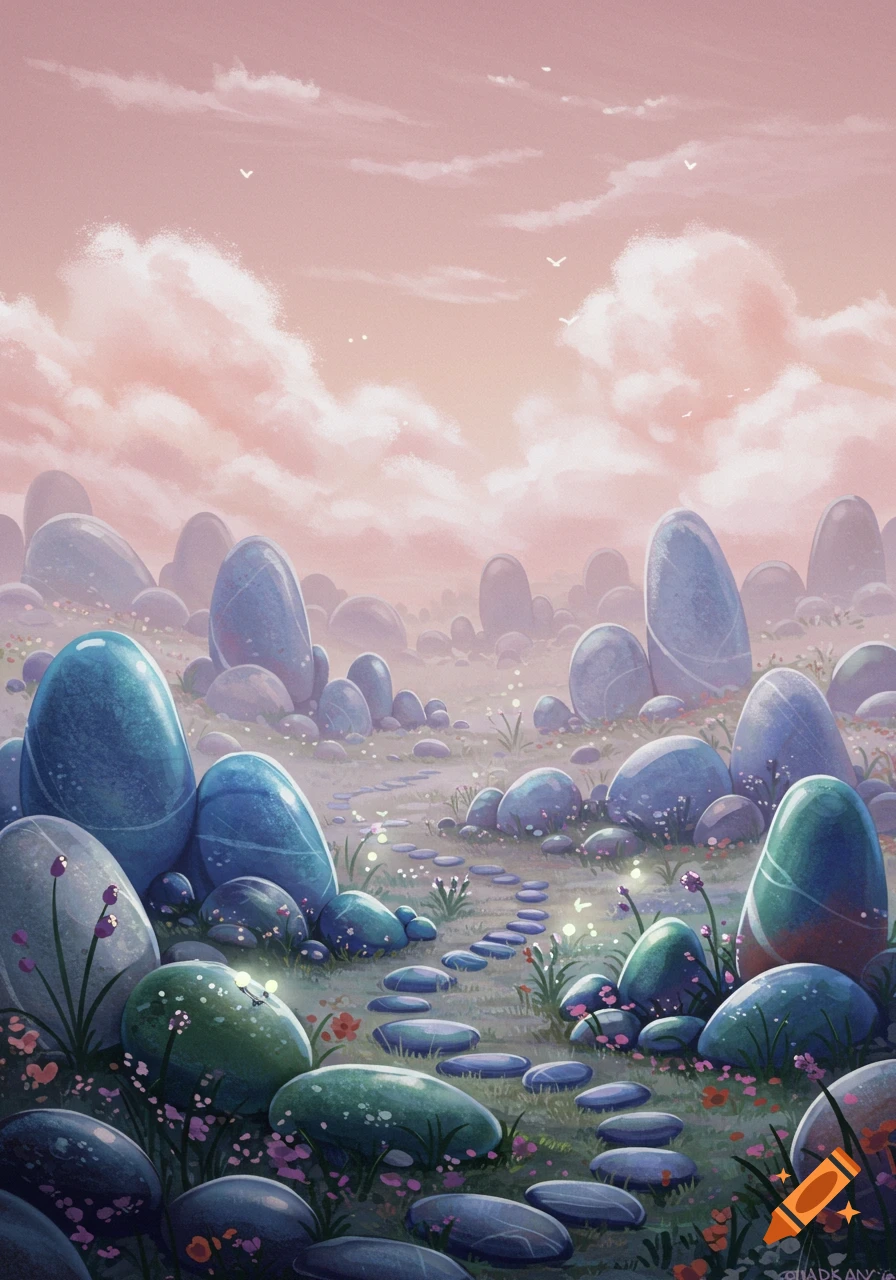 A serene, whimsical landscape featuring large, smooth, colorful stones, a winding stepping stone path, and a soft pink sky.