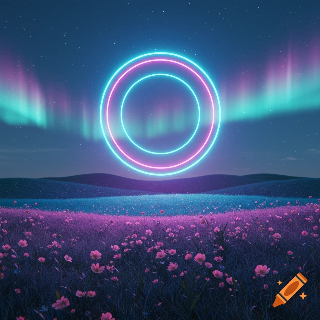 A surreal night landscape with purple and pink flowers under a starry sky and glowing neon rings with aurora lights.
