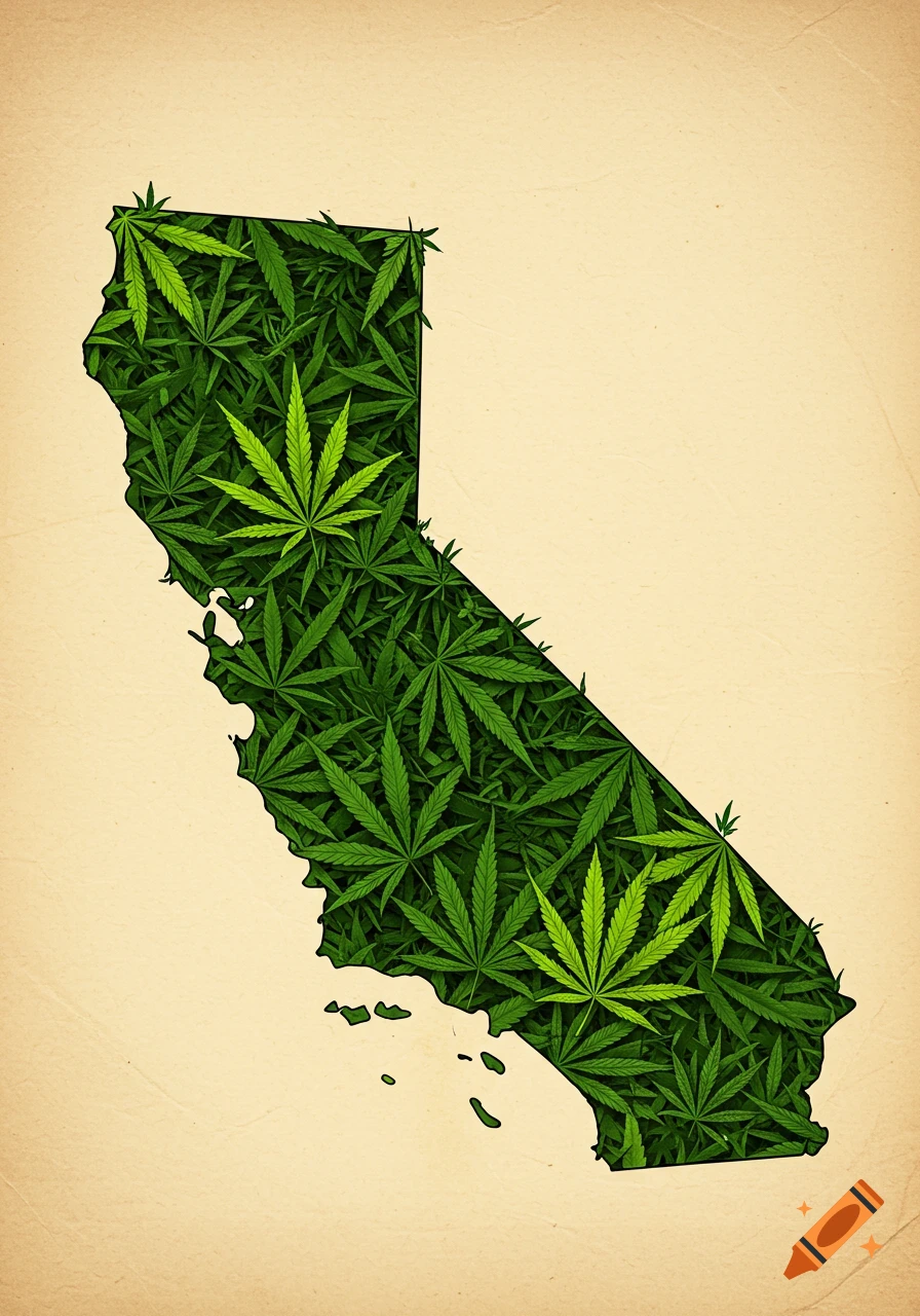 A stylized map of California filled with vibrant green marijuana leaves on a textured beige background.