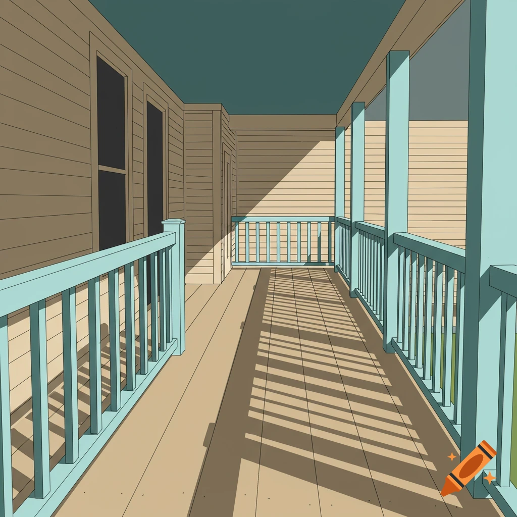 Long porch with beige wooden walls and floor, light blue railings and support posts, with strong shadows cast across the deck.