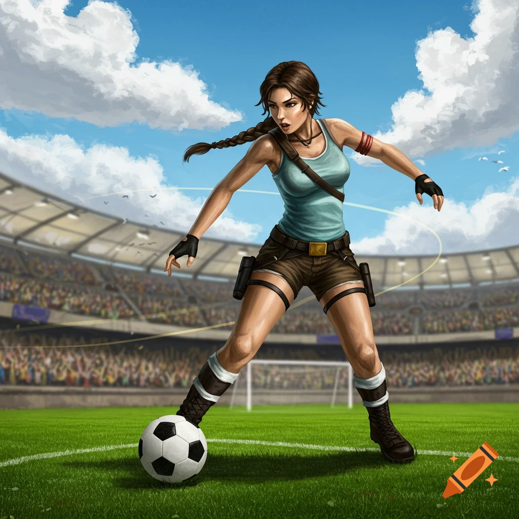 Lara Croft in a tank top and shorts, playing soccer on a green field in a stadium under a blue sky.
