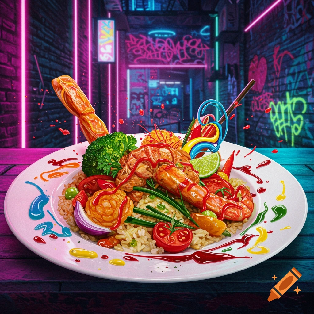 A vibrant plate of shrimp, rice, and vegetables, covered in sauce splatters, set against a neon-lit, graffiti-covered alley background in a stylized art style.