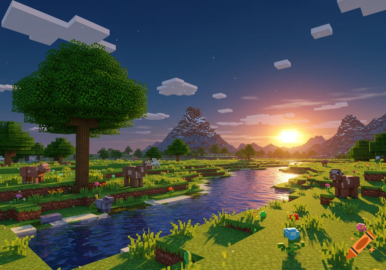 A blocky, pixelated landscape reminiscent of Minecraft, featuring a river, trees, block animals, mountains, and a sunset.