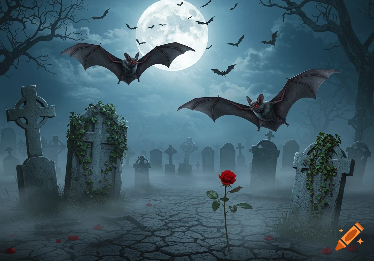 Two vampire bats fly over a misty graveyard under a full moon, with bare trees, ancient tombstones, and a single red rose.