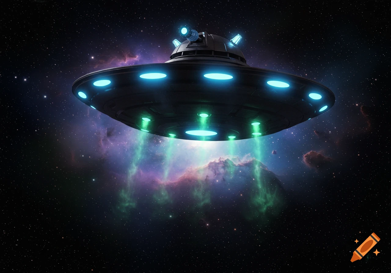 A detailed saucer-shaped UFO with glowing blue and green lights emits green beams against a vibrant space nebula.