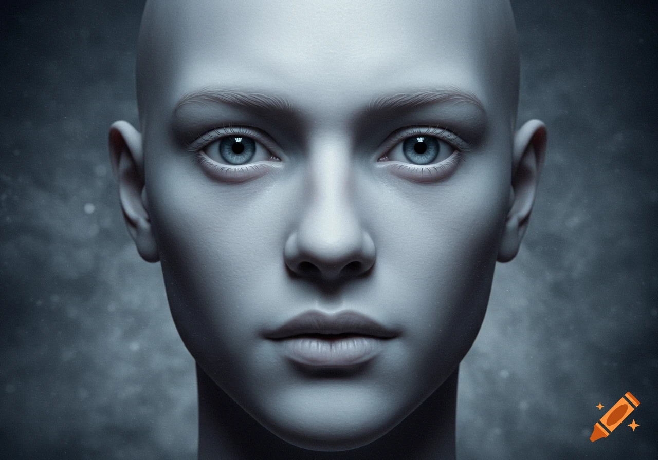 Close-up portrait of a bald, pale person with bright blue eyes and smooth skin, giving an uncanny, futuristic impression.