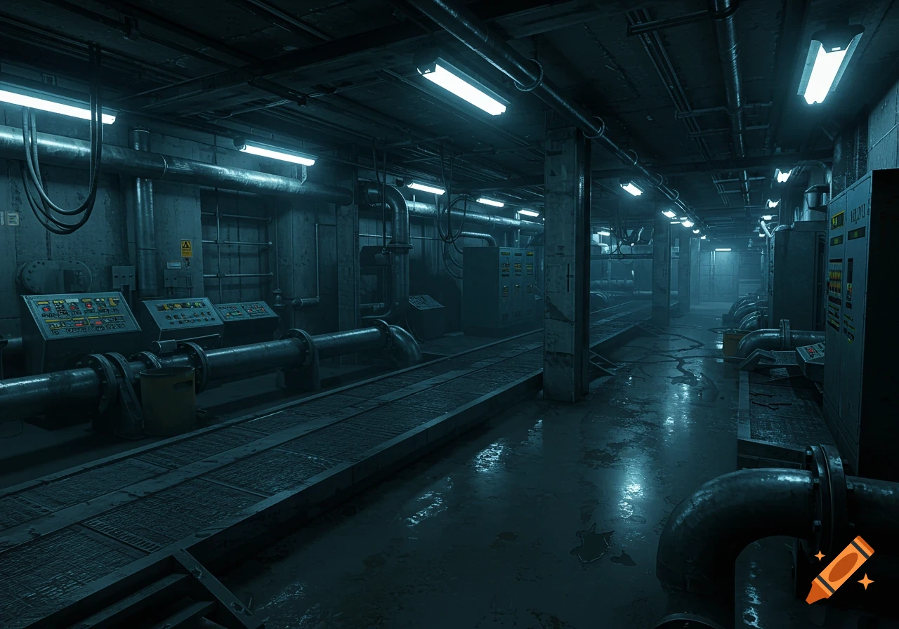 A dimly lit, damp, and grimy underground industrial facility with pipes, control panels, and fluorescent lights.