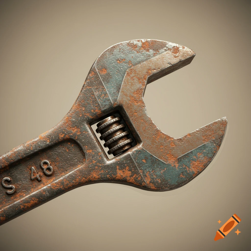 A close-up, photorealistic image of a rusty, worn adjustable wrench with markings 'S 48' on the handle.