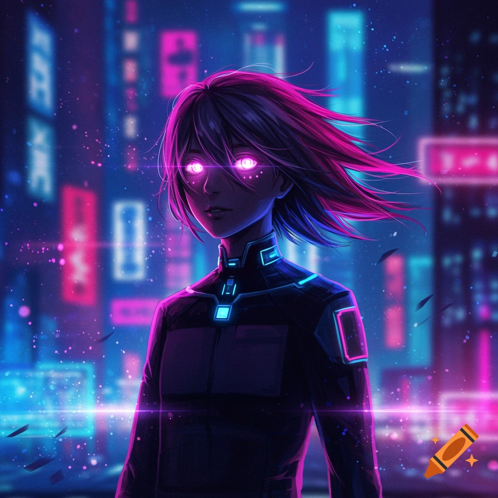 An anime character with glowing pink eyes and hair in a dark futuristic suit, set against a blurry neon cyberpunk city background.