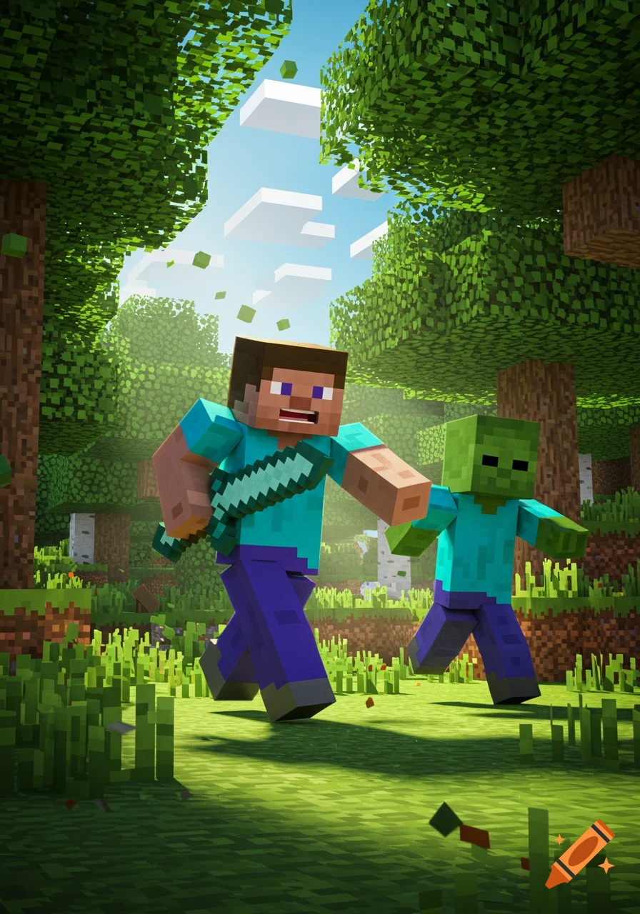 Steve, a blocky character with a sword, chases a zombie through a bright, block-filled Minecraft forest.
