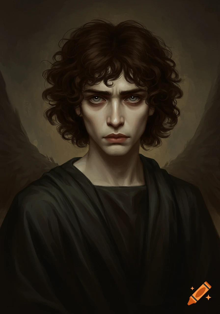 A dark, classical-style oil painting portrait of a brooding person with dark curly hair and grey eyes, possibly an angel.