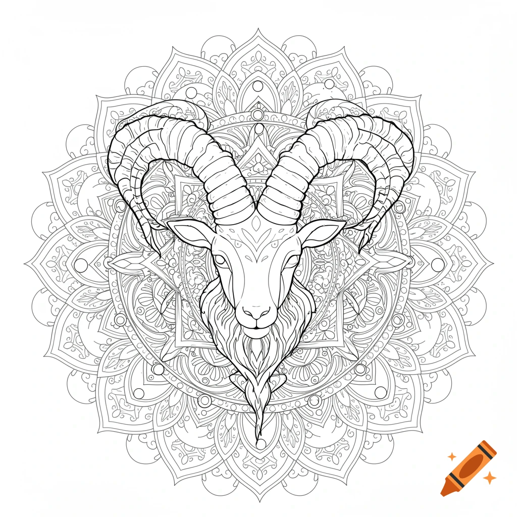 Black and white line art of a Capricorn goat head centered in an intricate mandala design, suitable for coloring.