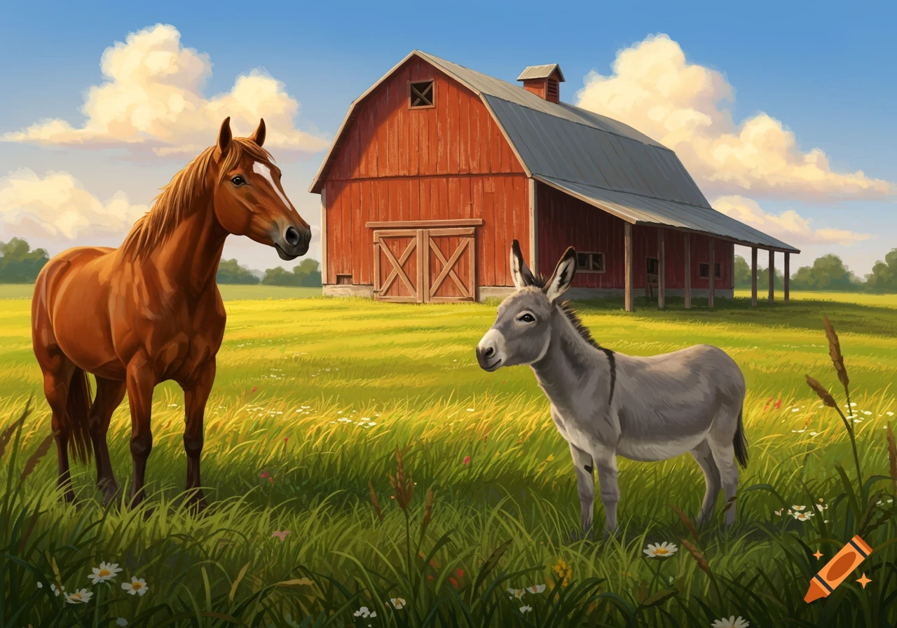 A brown horse and a grey donkey stand in a grassy field with a red barn under a blue sky in a painterly style.