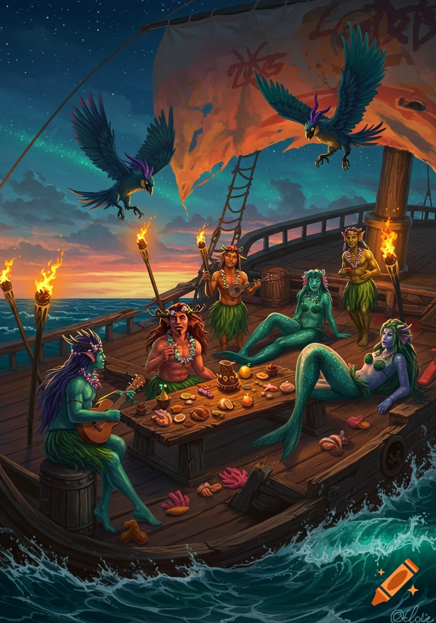 Fantasy art of merfolk and human-like creatures with horns having a luau on a wooden boat at night under a starry sky, with harpies flying above.
