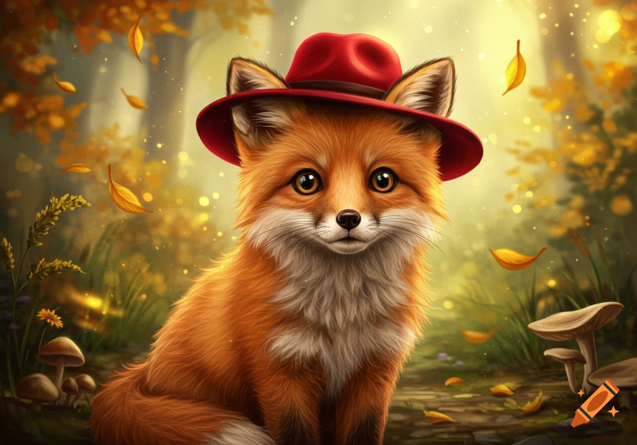 A cute fox wearing a red hat sits in an autumn forest with falling yellow leaves.