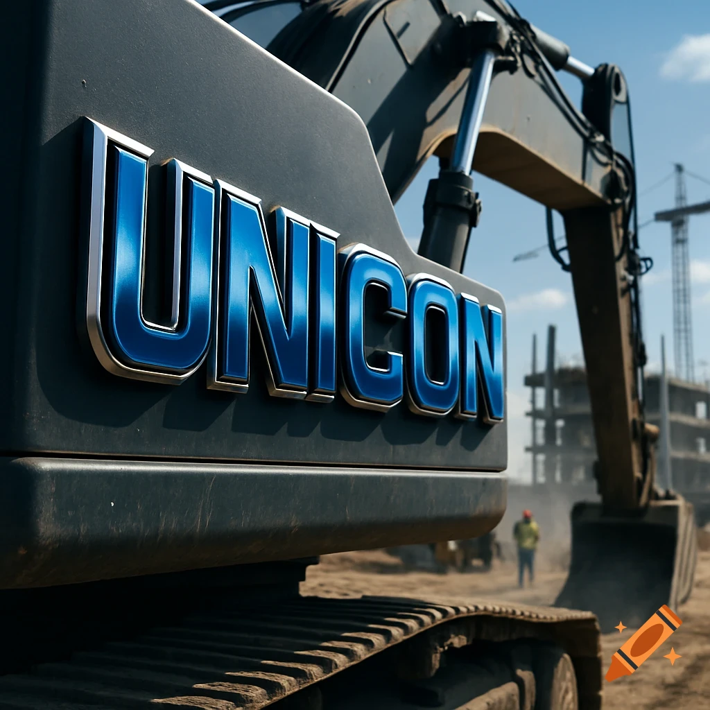 Close-up of a dark grey excavator with a blue 'UNICON' logo, at a construction site with blurred background.