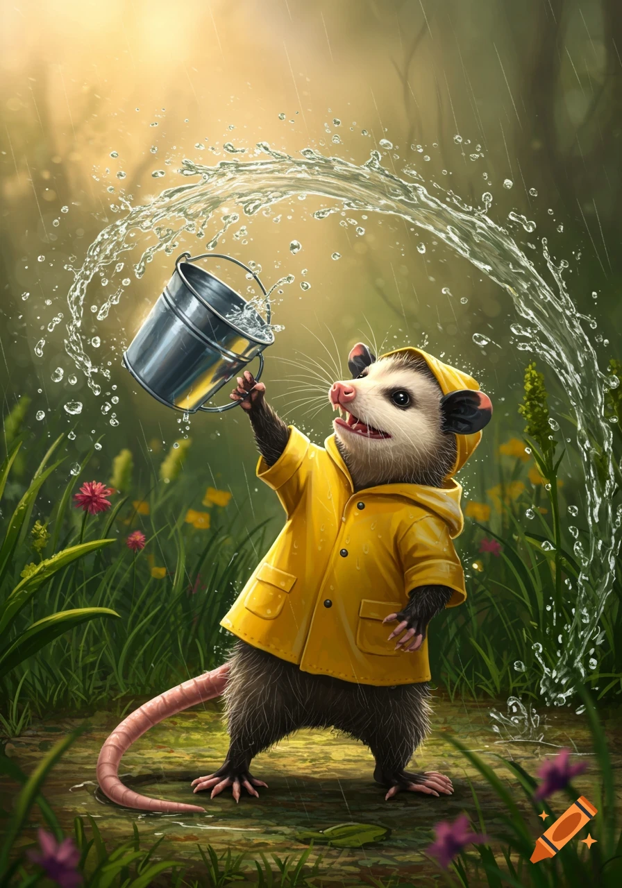 A cute opossum in a yellow raincoat joyfully splashes water from a metal bucket in a rainy forest clearing.