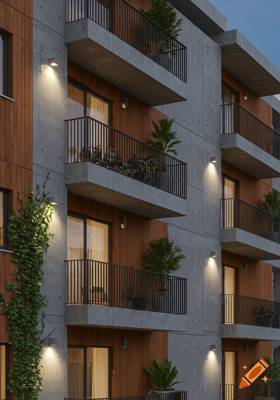 Close-up of a modern apartment building with concrete and wood facades, balconies, and plants, illuminated by lights at dusk.
