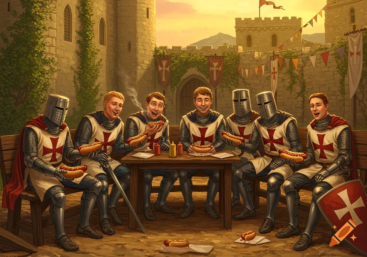Six crusaders, some wearing helmets and some unhelmeted, sit around a wooden table in a castle courtyard, laughing and eating hot dogs. The scene is brightly lit by a setting sun, with castle walls and banners in the background.