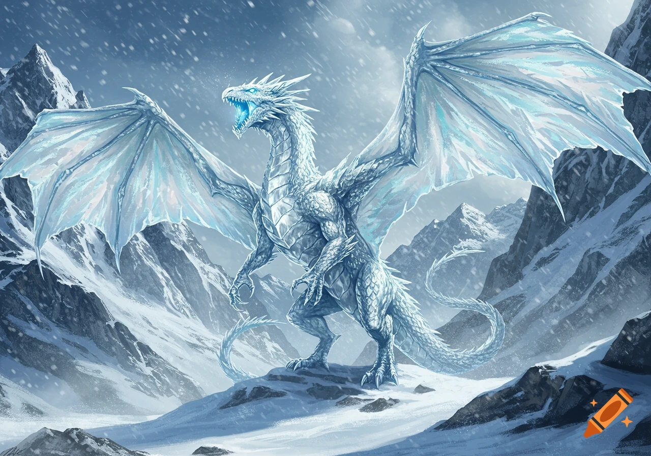 An imposing white and blue ice dragon with wide wings stands on a snowy mountain peak amidst falling snow.