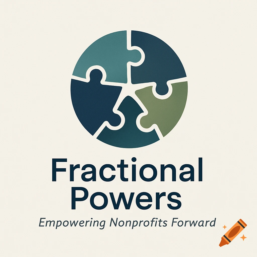 Logo with a circular design made of four interlocking puzzle pieces in shades of blue and green, with the text 'Fractional Powers' and 'Empowering Nonprofits Forward' below.