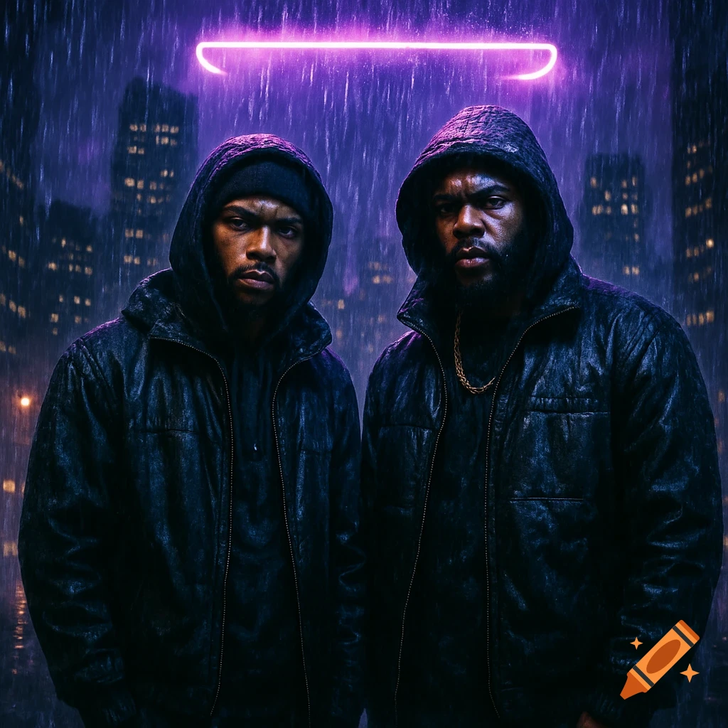 Two men in hooded jackets stand in the rain at night in a city with a purple neon light, moody and cinematic.