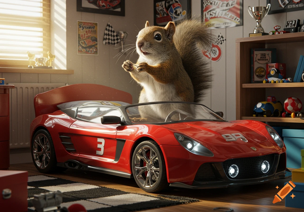 A hyper-realistic squirrel sits in a red racecar bed in a child's bedroom with a checkered rug and shelves full of toys.