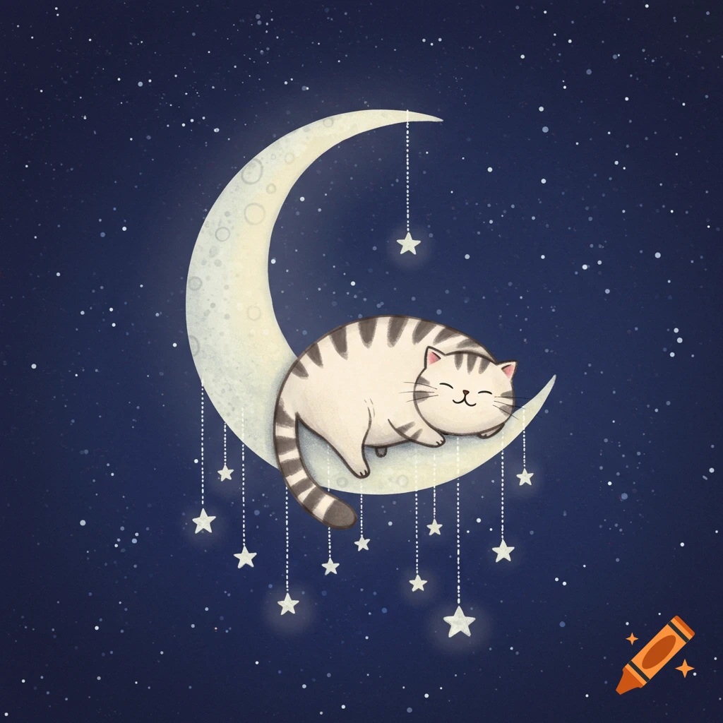 A cute, cartoonish cat with grey stripes sleeping peacefully on a pale yellow crescent moon, surrounded by twinkling stars in a dark blue night sky.
