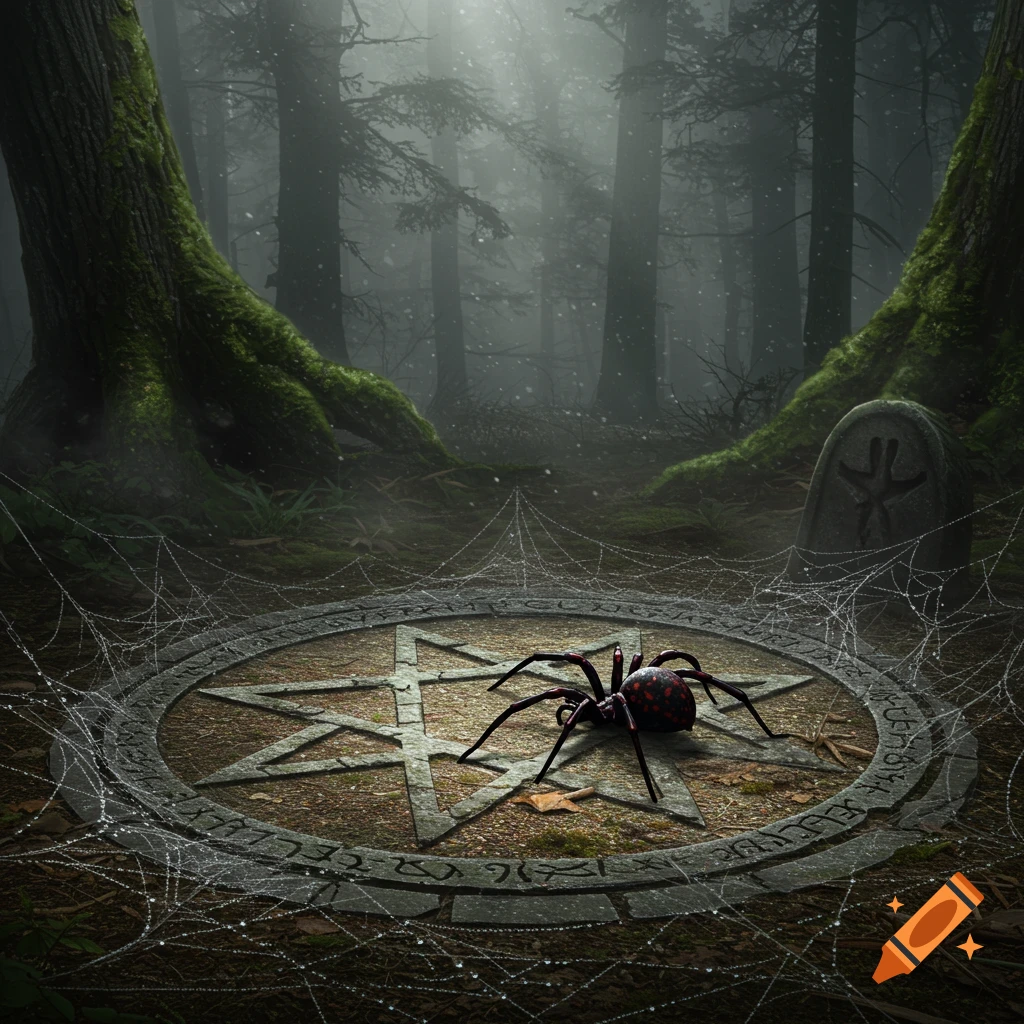 A black spider with red markings sits on a stone pentagram covered in spiderwebs, in a dark, misty forest with a tombstone.