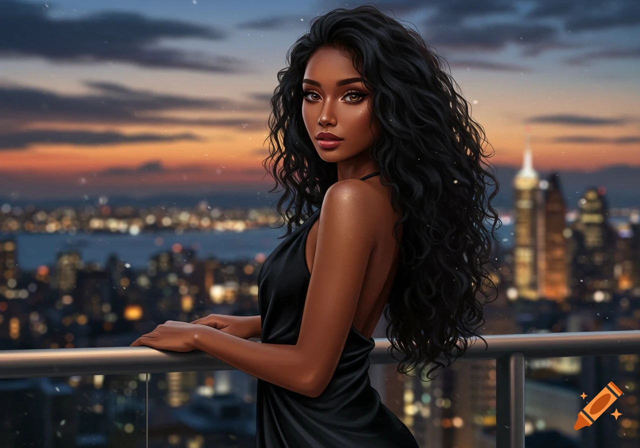 Digital illustration of a beautiful woman in a black dress on a penthouse balcony overlooking a city at sunset.