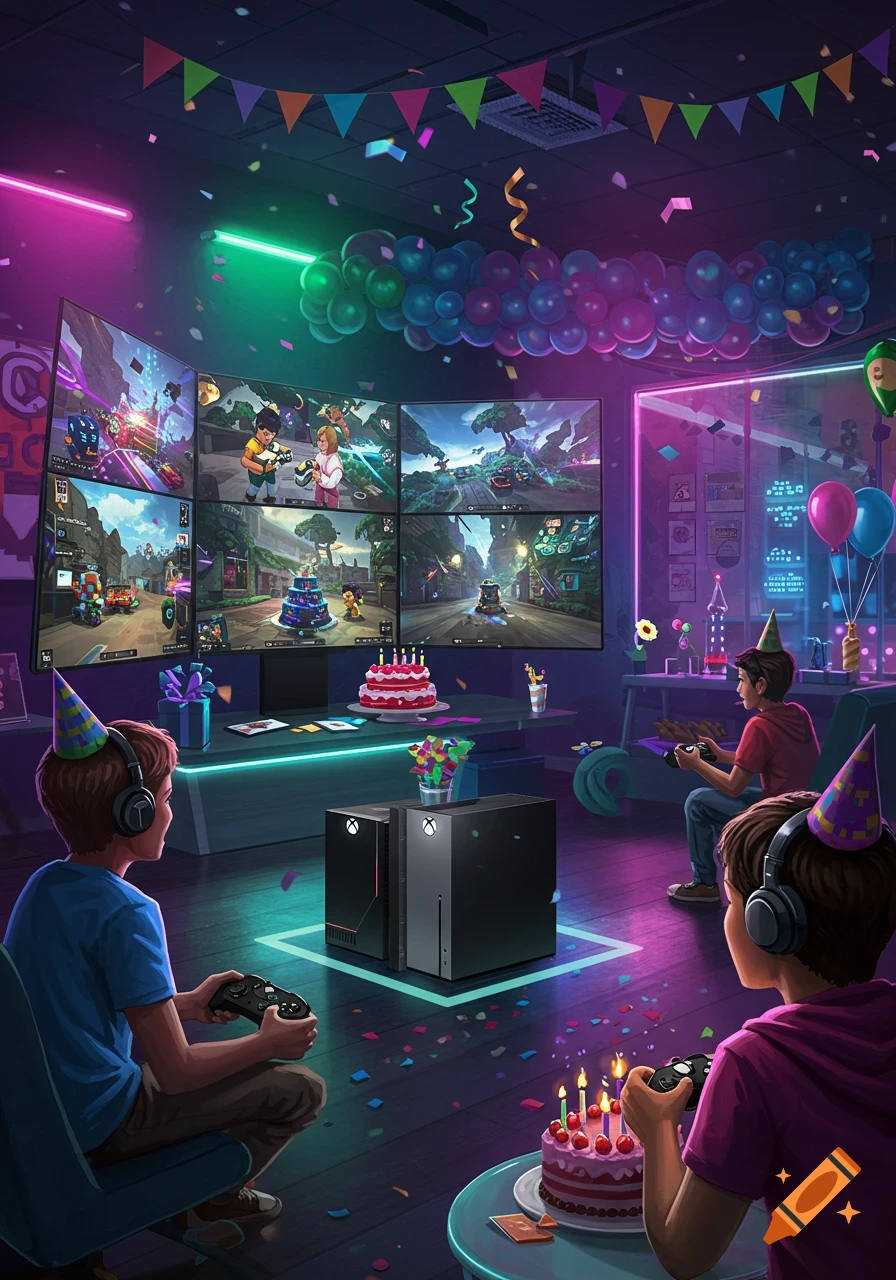 Children play video games on multiple screens in a vibrant, neon-lit room decorated for a birthday party.