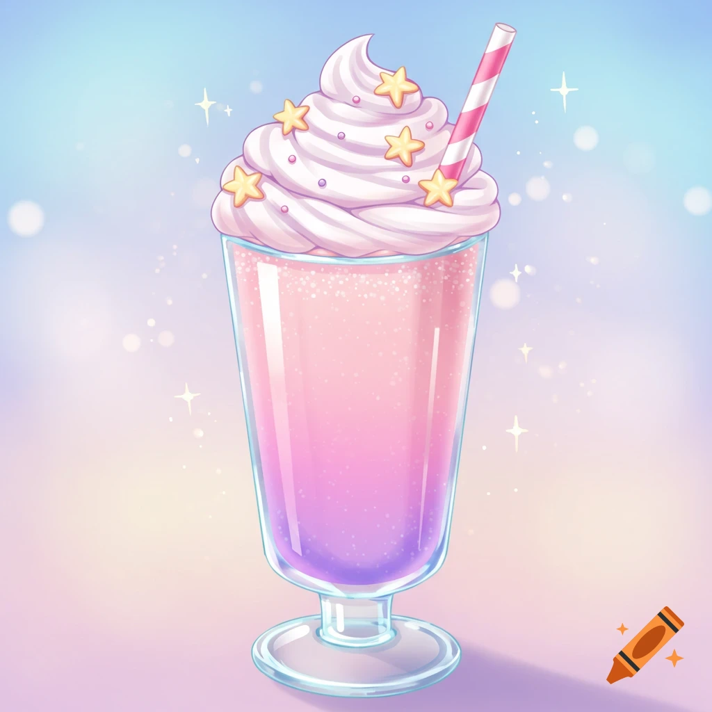 A cute anime-style illustration of a pink and purple gradient milkshake with whipped cream, star sprinkles, and a striped straw.