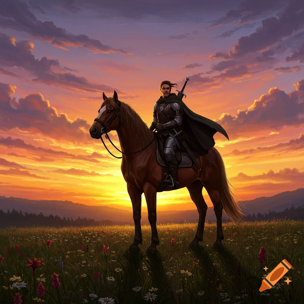 A knight on a brown horse stands in a wildflower field at sunset with a vibrant orange and purple sky.
