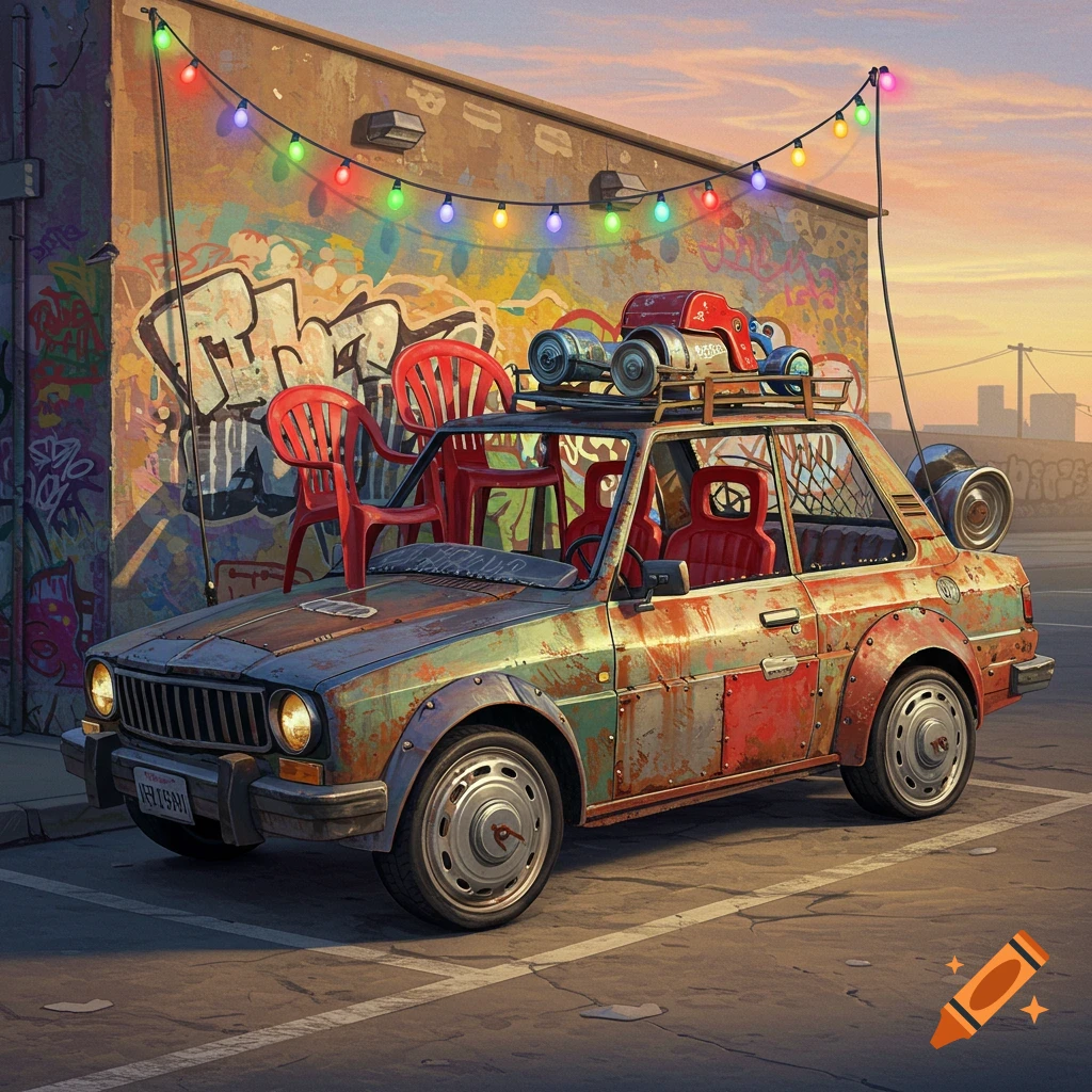 A rusty, rundown car with red chairs strapped to its roof is parked in an alley with graffiti-covered walls and string lights. Photorealistic.