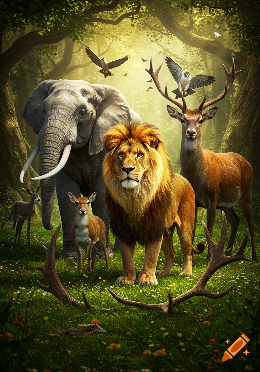 Photorealistic image of an elephant, lion, deer, and fawns in a sunlit forest clearing with birds flying above.