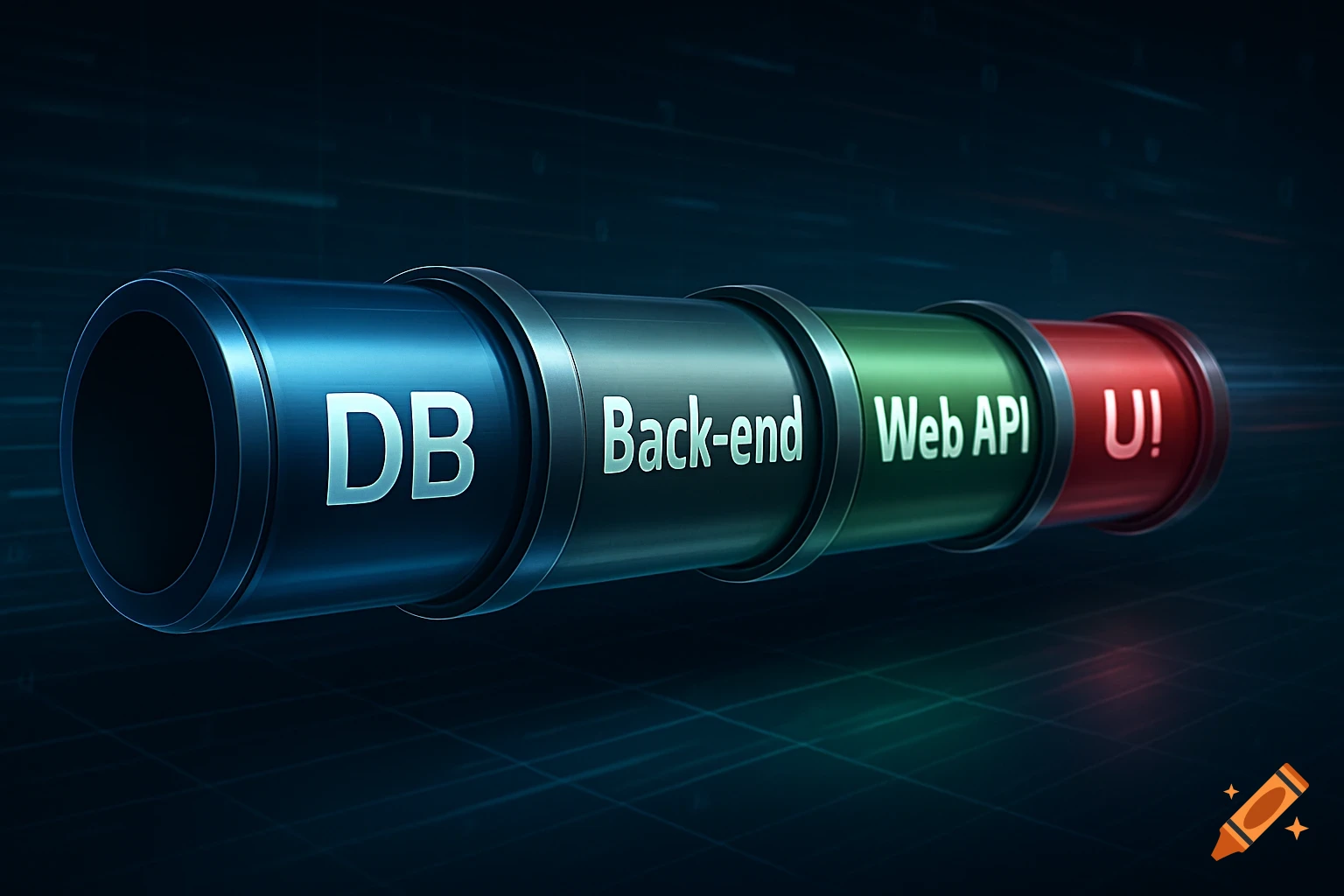 A horizontal pipeline diagram showing sections labeled DB, Back-end, Web API, and U! in blue, dark green, green, and red respectively, on a dark digital background.