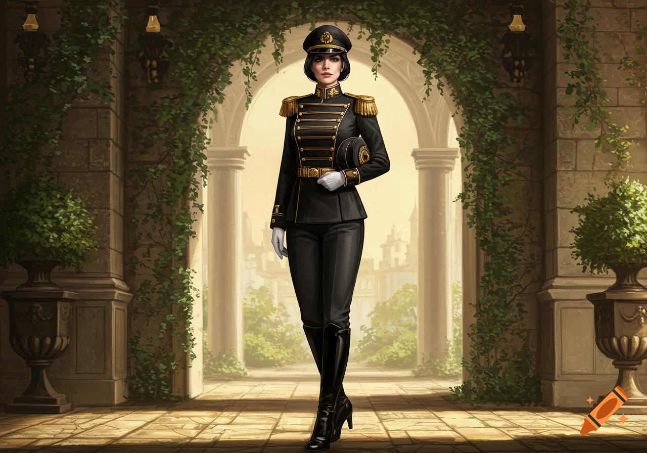 A woman in a black royal military uniform with gold details and a cap, standing under ivy-covered stone arches.