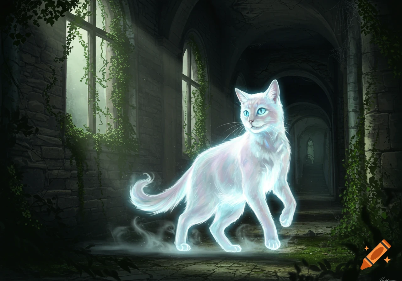 A glowing white cat with blue eyes walks through a dark, vine-covered stone hallway.
