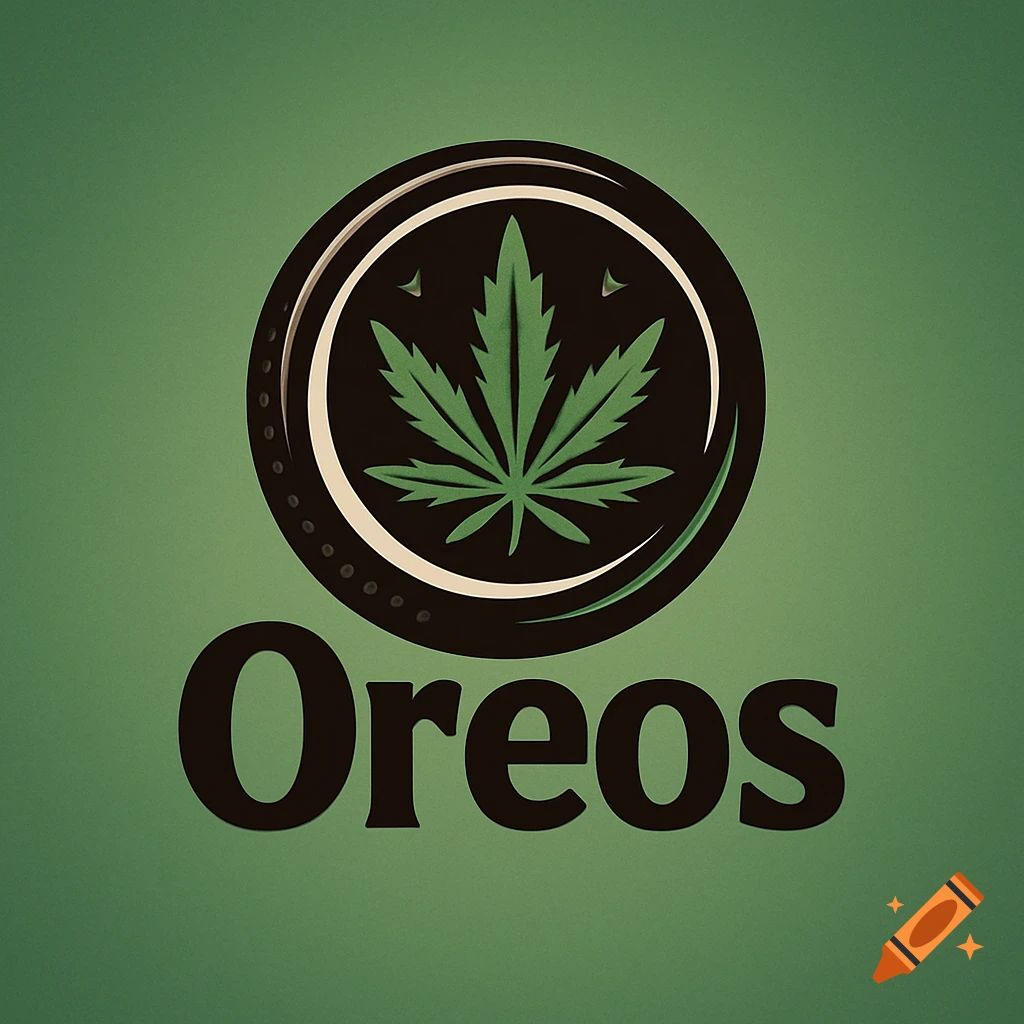 A logo design featuring a cannabis leaf inside a dark circular emblem, with the word "Oreos" in dark text below it, all on a textured green background.