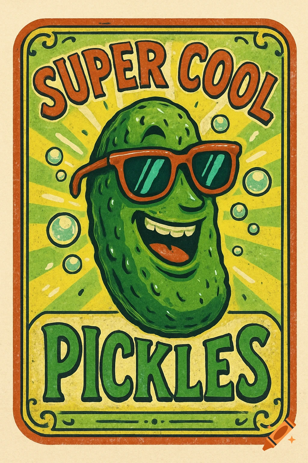 A vintage-style illustration on a label of a smiling cartoon pickle wearing sunglasses, with 'SUPER COOL PICKLES' text.
